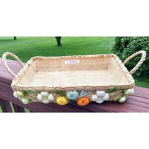 Vintage Hand Woven Rectangle Floral Basket Flower Motif w/ Handles Philippines